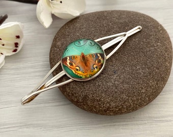 Turquoise blue hair slide with butterfly detail, Hair accessories for women in the UK, Bright hair grips, Cabochon picture bobby pin