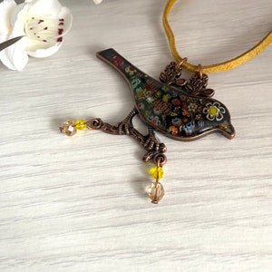 Bird mosaic necklace on a Mustard yellow cord, Mosaic jewellery for women handmade in Britain, Autumn necklaces for women in the UK