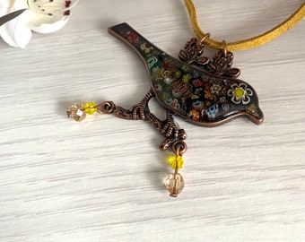 Bird mosaic necklace on a Mustard yellow cord, Mosaic jewellery for women handmade in Britain, Autumn necklaces for women in the UK