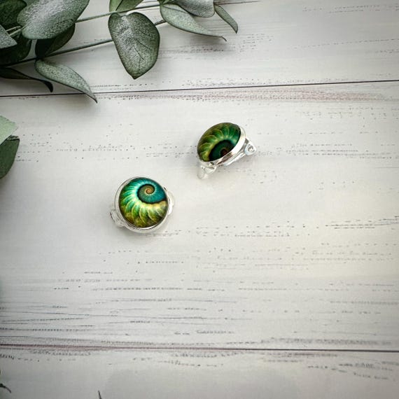 Ammonite Fossil Clip On Earrings: Emerald Green Cabochon Jewelry