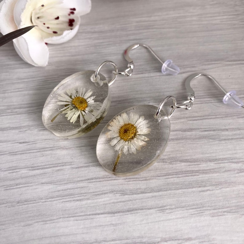 Pressed Daisy Drop Earrings, Real Flower Jewellery, April Birthday