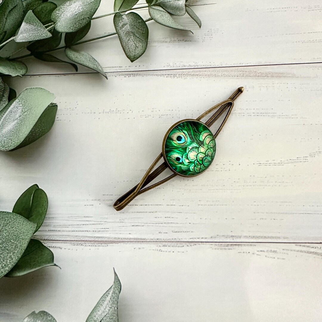 Emerald Green Peacock Feather Hair Clip: Vintage Style Bobby  display picture 3