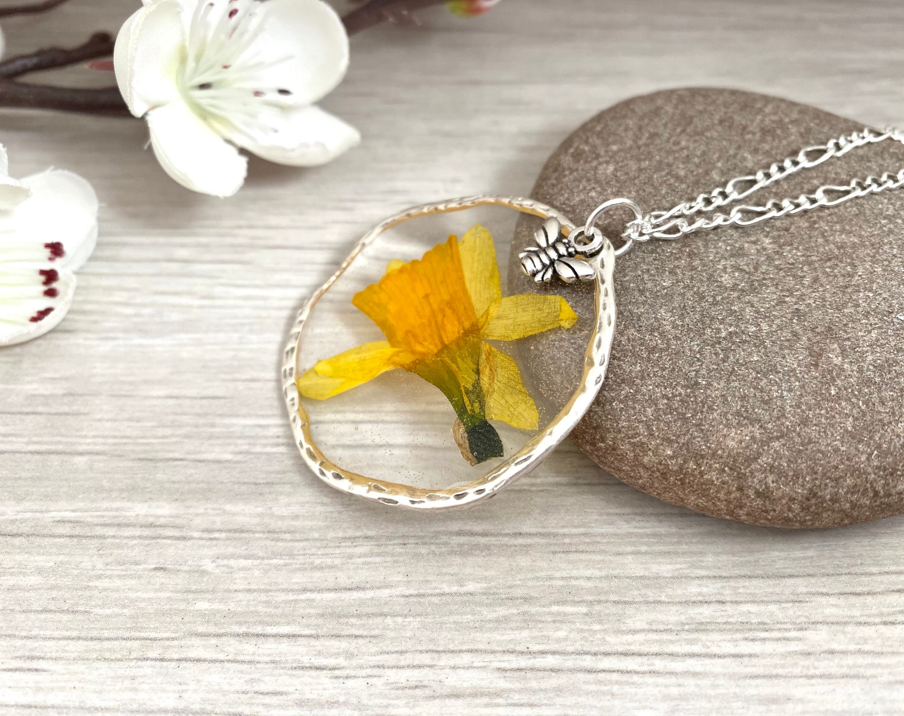 Real flower necklace Daffodil pendant Letterbox gift UK Etsy