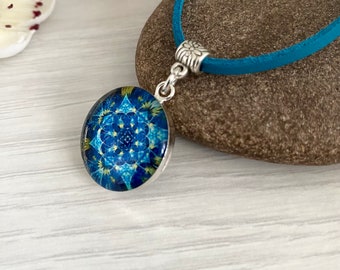 Blue mandala pendant necklace, Turquoise blue jewellery, Boho necklaces for women,Necklaces in the UK for vegans, Faux leather necklace