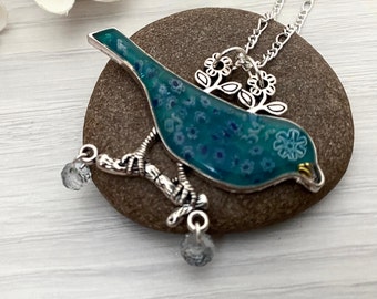 Blue bird necklace, Necklaces for women, Long layering pendant necklace, Mosaic jewellery in the UK, Handmade in Britain, Statement jewelry