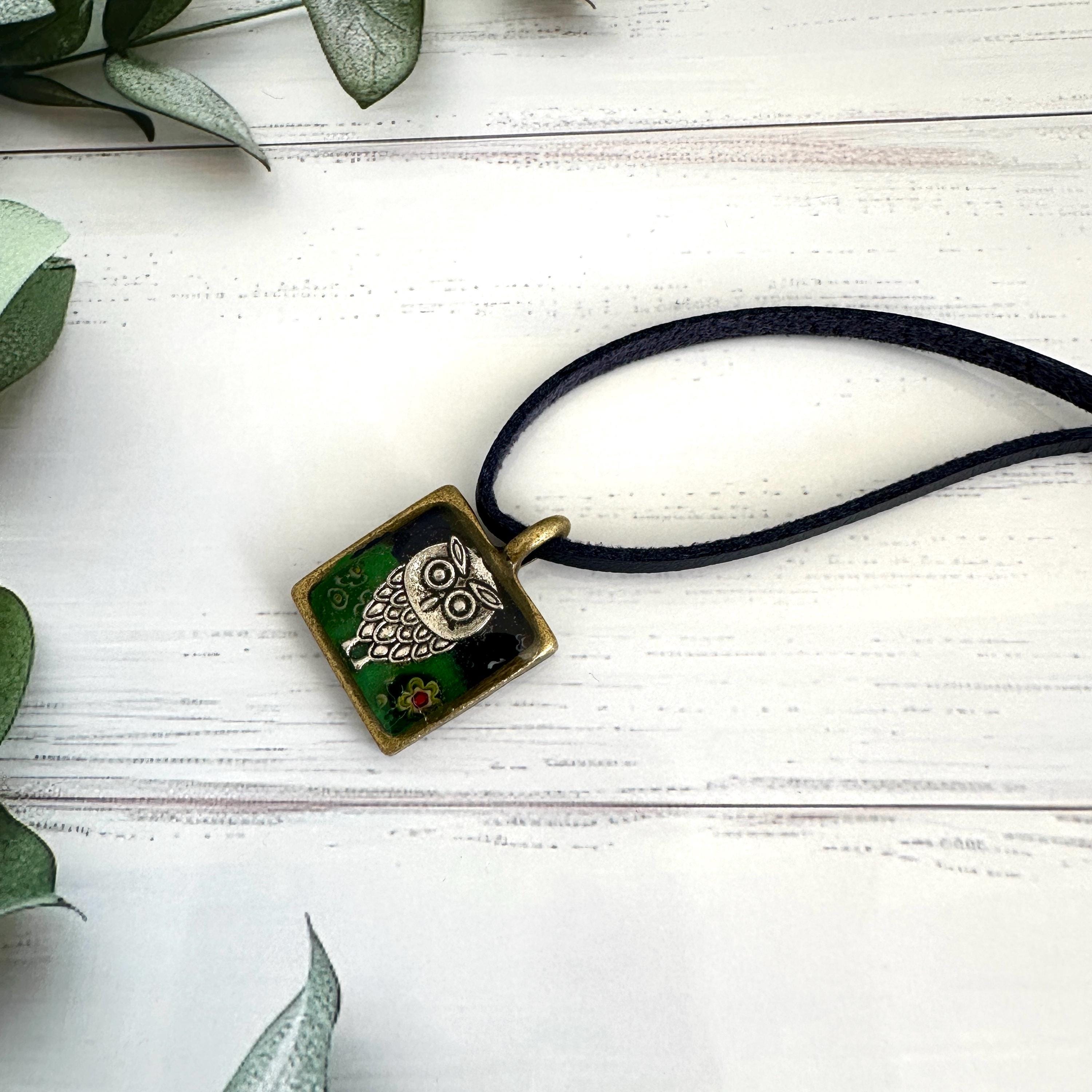 Handmade Owl Mosaic Pendant, Vegan Leather Necklace