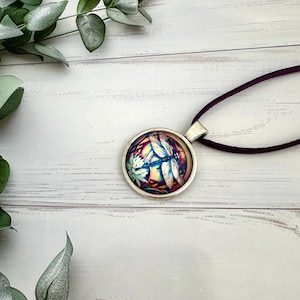 Dragonfly Picture Pendant: Silver Tone necklace on Vegan Leather Cord