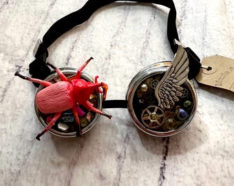 Steampunk Goggles: Chrome decorative glasses with  Insect Wing, Handmade Unique Cosplay Accessory