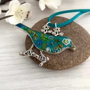 Turquoise blue pendant necklace, Mosaic bird handmade in Britain, Necklaces for women in the UK, Statement jewellery with millefiori glass