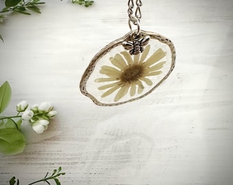 Pressed Daisy Resin Necklace: Handmade Silver Tone Jewelry