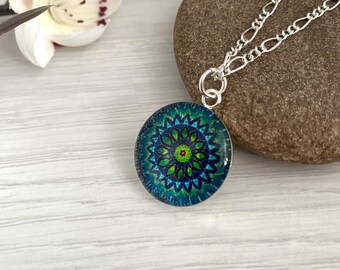 Turquoise mandala pendant necklace, Boho necklaces for women the UK, India inspired jewellery, Blue and green festival necklace