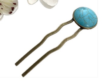 Turquoise stone hair fork, Boho bun stick, Thick hair pin, Long hair accessory, Two prong hair fork for women with long hair, Ibiza hair pin