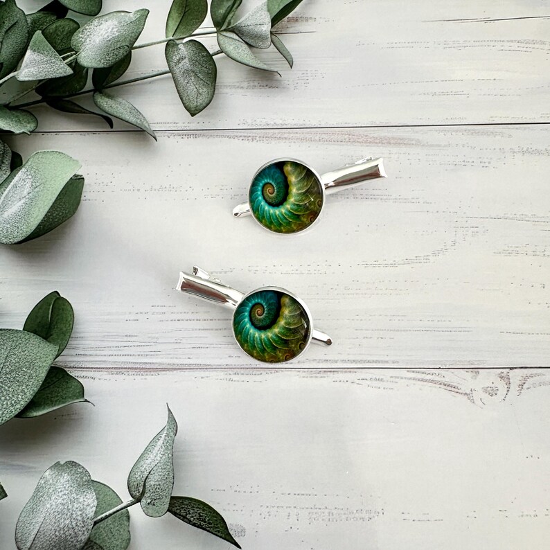 May include: Two silver hair clips with a round, colorful design featuring a spiral pattern in shades of green, yellow, and blue. The clips are set against a white wooden background with green foliage.
