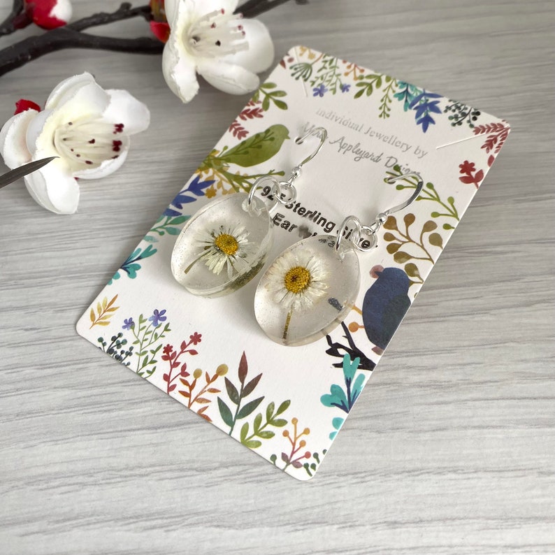 Pressed Daisy Drop Earrings, Real Flower Jewellery, April Birthday