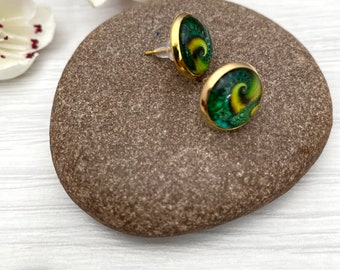 Emerald green earrings, Picture green studs, Small stud earrings for pierced ears, Cabochon jewellery, Inexpensive earrings for women UK
