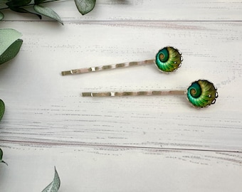 Ammonite Picture Hair Clips: Emerald Green Bobby Pins (Pair)