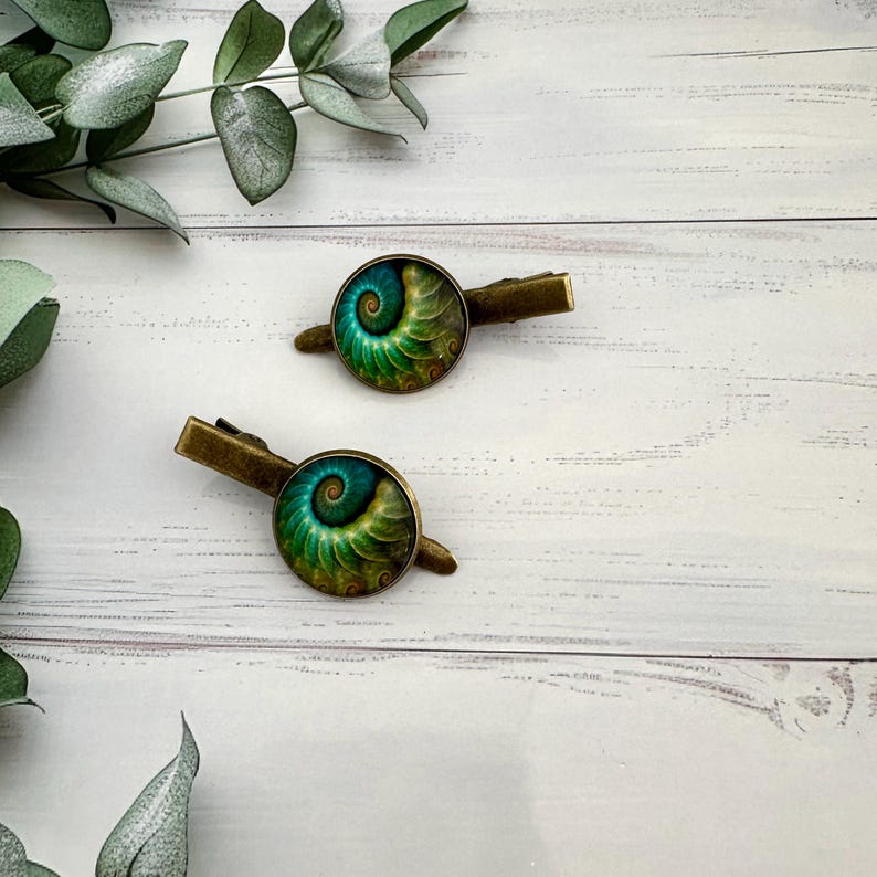 May include: Two bronze-toned hair clips. Each clip features a round, glass-covered design with a spiral pattern in shades of green and blue. The clips are set against a white wooden background, with green foliage in the upper left corner.