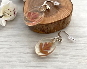 Autumn leaf resin earrings on Sterling Silver ear wires, Botanical jewellery for women in the UK, Handmade in Britain, Nature inspired gift