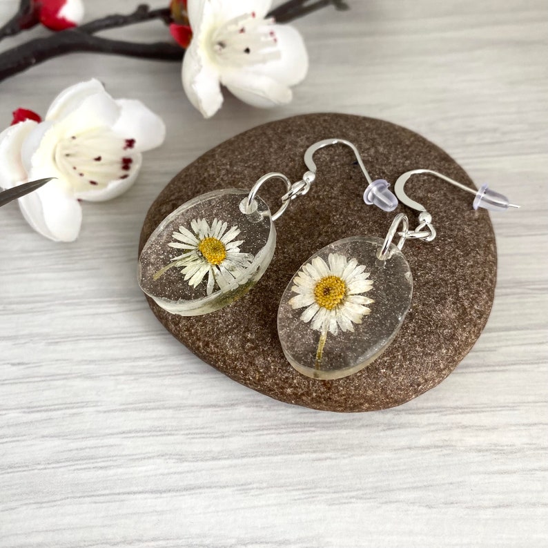 Pressed Daisy Drop Earrings, Real Flower Jewellery, April Birthday