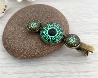 Mandala alligator hair clip for women in the UK, Emerald green hair grip, Strong metal hair slide, Vintage sectioning clip, Boho hair slide