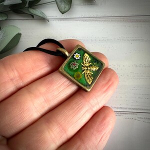 Handmade Bumble Bee Pendant Necklace | Green Mosaic Resin & Millefiori Flower Charm on Vegan Cord, Nature Inspired Jewelry