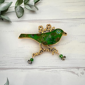 Mosaic Bird Brooch: Emerald Green Pin Badge, Handmade Jewelry