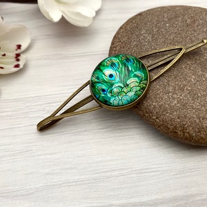 Peacock hair clip, Large Bobby pin, Hair clips Britain, Feather hair slide, Statement hair clip, Green hair pin, Small gifts for women in UK