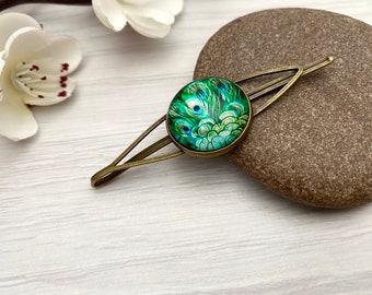 Peacock hair clip, Large Bobby pin, Hair clips Britain, Feather hair slide, Statement hair clip, Green hair pin, Small gifts for women in UK
