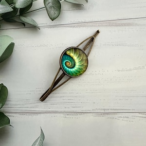 Fossil hair clip, Peacock feather hair slide for women in the UK, Emerald green hair grip, Green bobby pins, Ammonite metal fringe clip