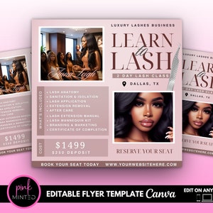 Learn to Lash Flyer, Lash Class Flyer, Lash Course Flyer,  Lash seminar, Eyelash Extension Template editable with canva