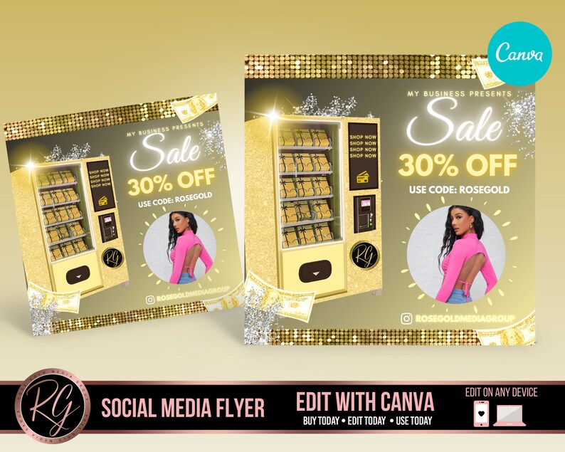 SALE Flyer Canva Template,Vending Machine Gold DIY Template Beauty Template Social Media Flyer