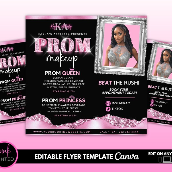 Prom Makeup Flyer, Prom Makeup, MUA Flyer, Prom Season Canva Flyer