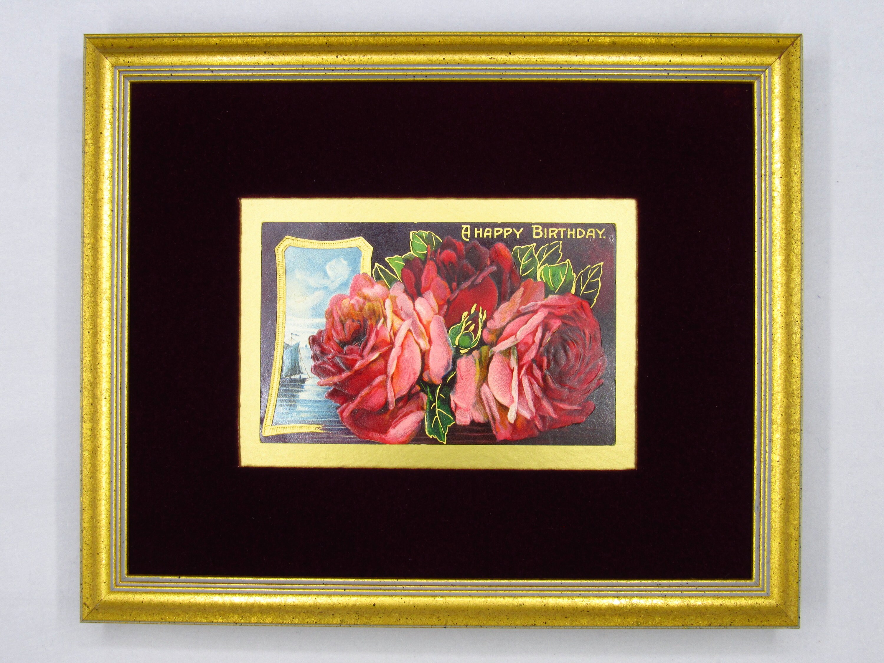 Red Roses Happy Birthday Antique Postcard. Granny Chic Wall Art Decor