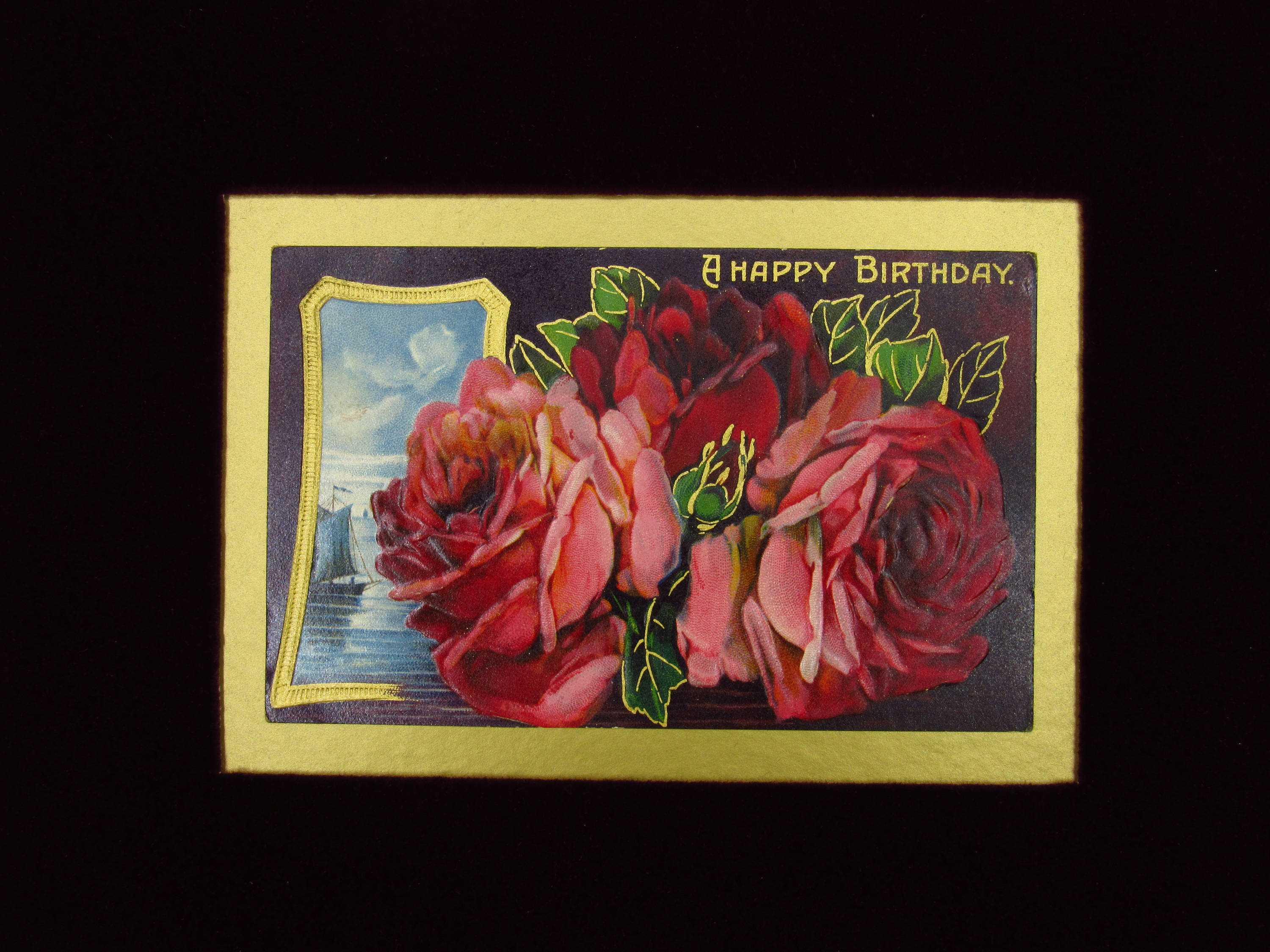 Red Roses Happy Birthday Antique Postcard. Granny Chic Wall Art Decor