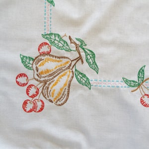 Vintage White Cotton Linen Hand Embroidered Cherries & Pears Square Table Cloth