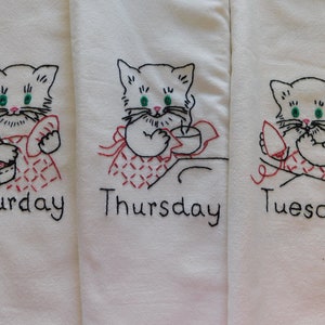 Set of Three Vintage 1940's Kitten Hand Embroidered Days of the Week Dish Towels