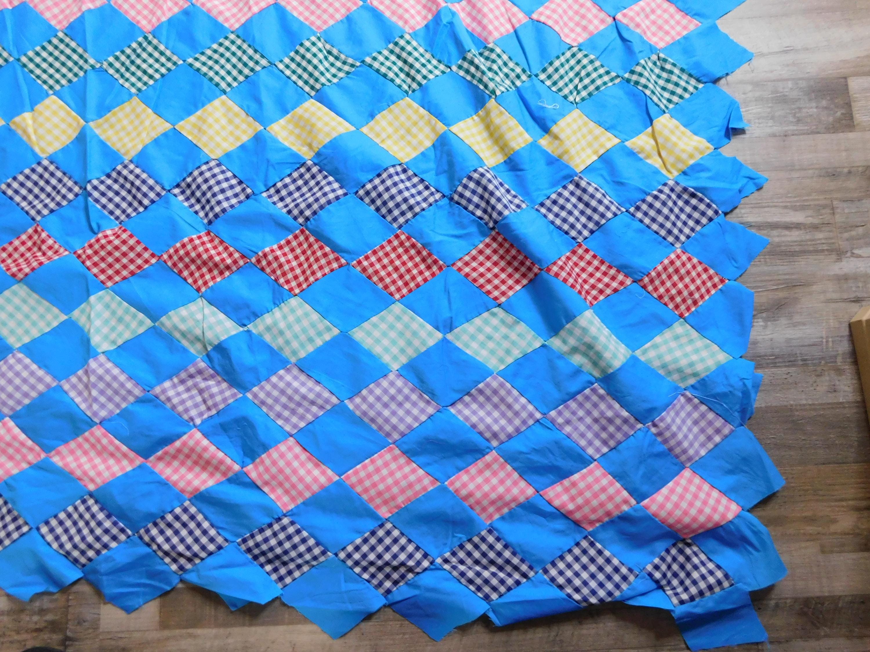 Vintage Gingham Quilt Top: Hand-stitched Blue & Red Cotton Blend