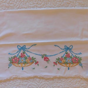 Vintage Hand Embroidered Pillowcase: Floral Basket, Scalloped Edge