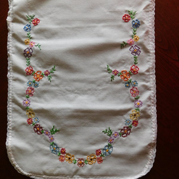 Vintage White Cotton Dresser Scarf: Hand Embroidered Floral Table Runner