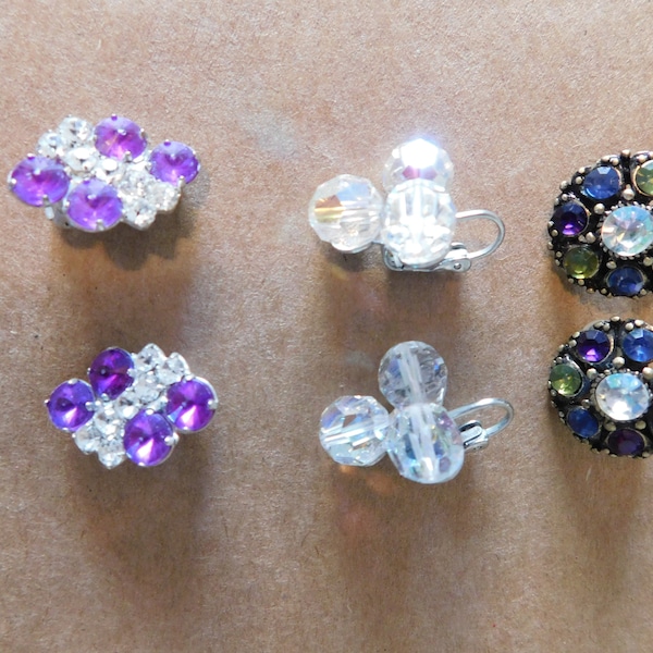 Three Pairs of Vintage 1950's 1960's Clip On Rhinestone and Plastic Ladies Earrings