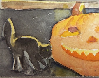 ACEO Black Cat Halloween Watercolor Trading Card