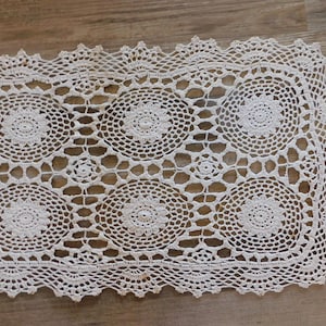 Vintage Hand Crocheted Lace Table Runner: Beige Cotton, 58&quot; Long
