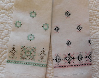 Pair of Vintage 1950's Cross Stitched Linen Hand Towels