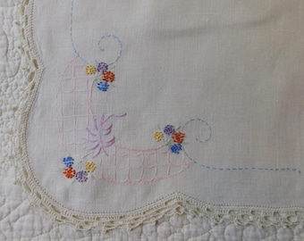 Vintage Linen Doily: Floral Hand Embroidered Table Accent