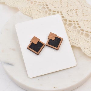 Black Wood + Cork Diamond Studs, wood studs, wooden studs, cork studs, inlay studs, leather studs, statement studs, laser cut earrings, stud