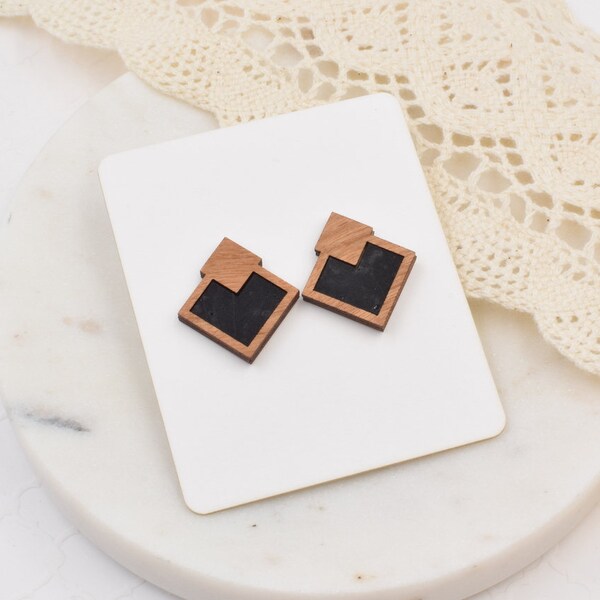 Black Wood + Cork Diamond Studs, wood studs, wooden studs, cork studs, inlay studs, leather studs, statement studs, laser cut earrings, stud