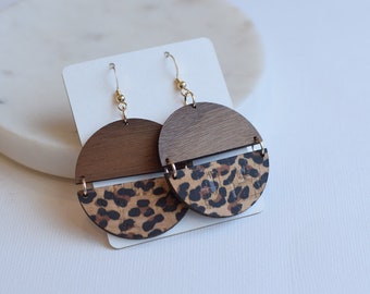 Leopard Hinged Disc, Wood and Cork Earrings, Leopard Earrings, Lightweight earrings, wooden earrings, leopard cork, laser cut earrings