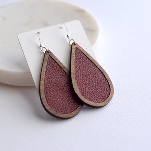 Maroon Wood Leather Teardrop Earrings, Leather earrings, lightweight earrings, maroon earrings, wood earrings, wooden earrings, gift image 1