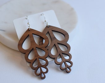 Walnut Waterfall Earrings, Wood Earrings, Wood Filigree Earrings, Wooden Earrings, Natural Wood earrings, intricate earrings, boho earring