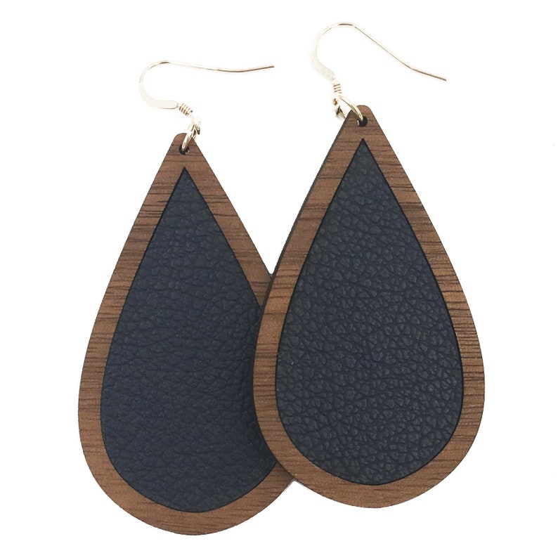 Navy Wood Leather Teardrop Earrings, Leather earrings, lightweight earrings, silver earrings, wood earrings, wooden earrings, gift image 3